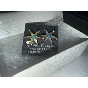 Genuine Indian Handcrafted Sterling Silver 6-point Turquoise Star Earrings NWT